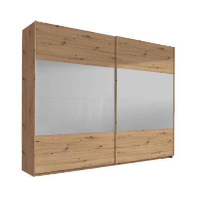 Schwebetürenschrank in Eiche Artisan mit Front in Seidengrau, in Schrägansicht dargestellt.