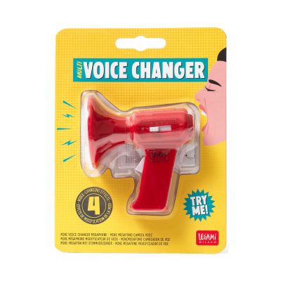 Roter Mini-Stimmenverzerrer, in einer gelben Blisterverpackung dargestellt.