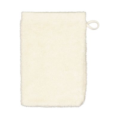 Waschhandschuh in der Farbe Natur, frontal auf weißem Hintergrund mit seitlicher Aufhängeschlaufe und gleichmäßiger Frotteeoberfläche.