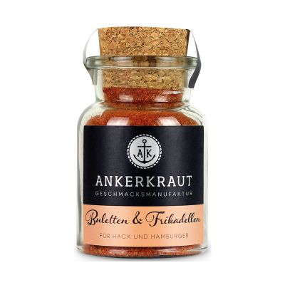 Korkenglas mit der Ankerkraut-Mischung Buletten & Frikadellen; durch das Glas sind rötlich-braune Gewürzbestandteile erkennbar.