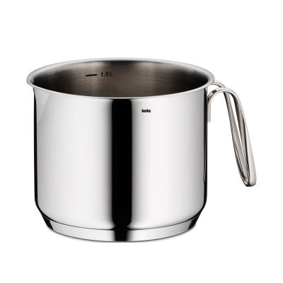 Zylindrischer Milchtopf aus silberfarbenem Edelstahl mit Ausgießrand und seitlichem Metallgriff