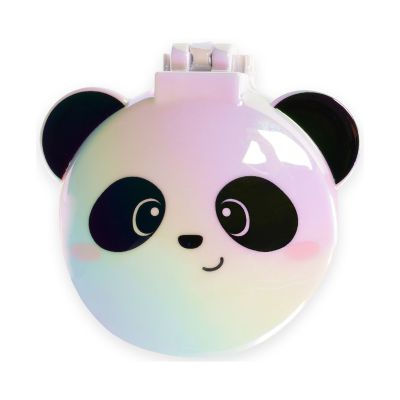 Runde Haarbürste mit Spiegel im Panda-Design, als runde geschlossene Tierfigur frontal dargestellt.
