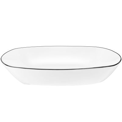 Schale in Weiß mit schwarzer Randlinie; Seitenansicht. Sichtbare Gestaltung: quadratisch mit abgerundeten Ecken und hoher Wandung.
