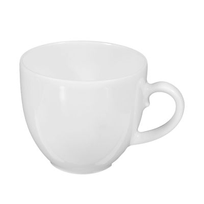 Tasse in Weiß. runde Form mit kleinem Henkel. Ansicht: Seitenansicht mit Henkel.