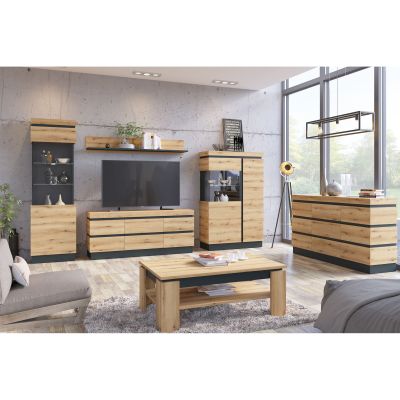Moderne Wohnkombination Coast mit TV-Unterteil, Vitrinen und Wandboard in Evoke Eiche mit Absetzungen in Kosmos Grau