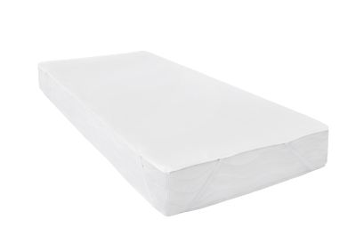 Moltonauflage Luna in Creme auf einer Matratze, freigestellt in schräger Gesamtansicht; Größe 90 x 200 cm.