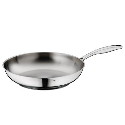 Runde Bratpfanne aus silberfarbenem Edelstahl mit flachem Boden, leicht erhöhtem Rand und langem Metallgriff