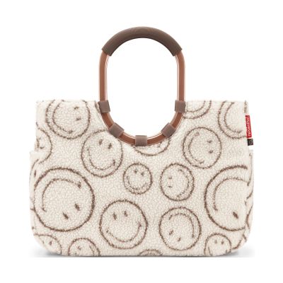 Shopper mit Ringgriffen von Reisenthel, Modell Loopshopper L, in Creme und Braun mit Smiley-Muster aus Teddyfleece, von hinten mit ovalen Ringgriffen