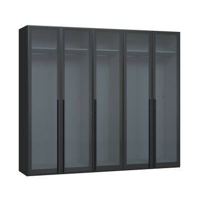 Drehtürenschrank mit geschlossenen Glasfronten und dunklem Rahmen