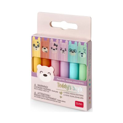Sechs pastellfarbene Mini-Textmarker mit Tiergesichtern, in einer rosa Kartonverpackung abgebildet.