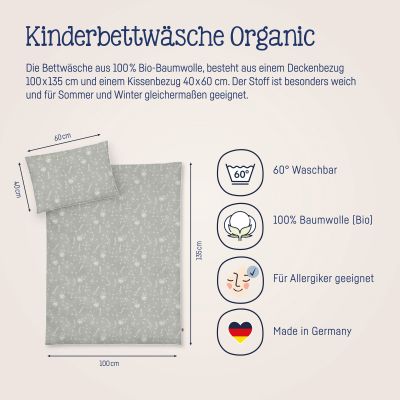 Informationsgrafik mit Maßen des Bettwäsche-Sets 100 × 135 und 40 × 60 Zentimeter sowie Symbolen zu Waschbarkeit, Bio-Baumwolle, Allergikerfreundlichkeit und Herstellung in Deutschland