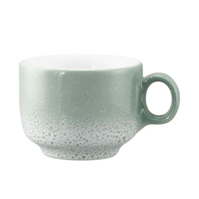 Tasse in Mint; niedrige runde Form mit gesprenkeltem Verlauf und Henkel. Ansicht: Seitenansicht.