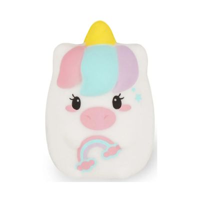Weißer Anspitzer im Einhorn-Design, frontal mit Einhorngesicht, Horn und Regenbogen dargestellt.