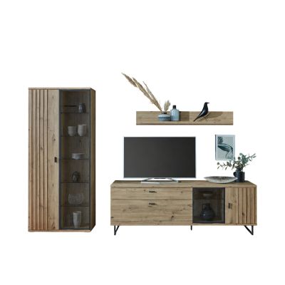 Wohnkombination mit Hochschrank Lowboard und Wandregal in dunkler Holzoptik