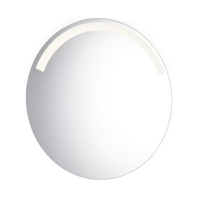 LED-Spiegel Agda, freigestellt in frontaler Gesamtansicht mit hellem Lichtbogen am oberen Rand; zu sehen ist die runde LED-Spiegelfläche mit bogenförmigem Lichtbereich im oberen Rand; Maße ca. 60 x 60 x 4 cm.