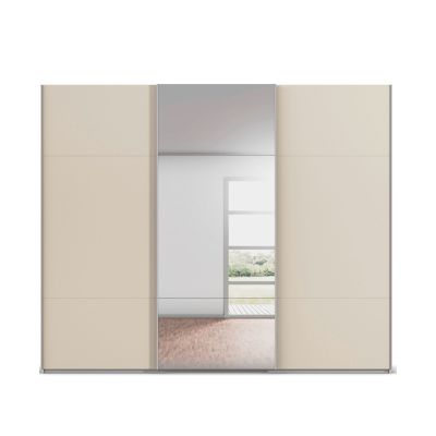 3-türiger Schwebetürenschrank in Champagner, mittlere Tür als Spiegeltür, in frontaler Ansicht dargestellt.