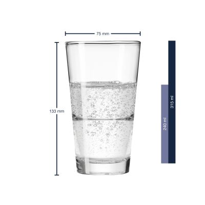 Detailaufnahme eines kleinen Trinkglases mit sprudelndem Wasser und Maßangaben 75 mm Durchmesser und 133 mm Höhe