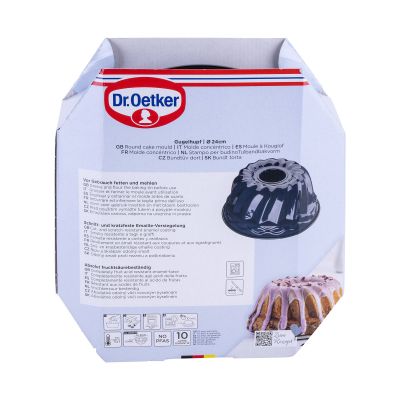 Rückseite der Verpackung mit Produktdetails der Gugelhupfform 24 cm von Dr Oetker