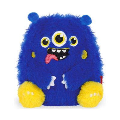 Blaues Monster-Plüschtier, frontal auf weißem Hintergrund dargestellt.
