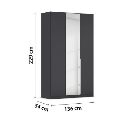 Grau-Metallicer Kleiderschrank mit Spiegeltür und eingezeichneten Maßen von 229 cm Höhe, 136 cm Breite und 54 cm Tiefe