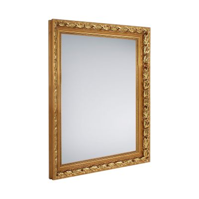 Spiegel Sonja in Gold, freigestellt in vollständiger Ansicht; zu sehen ist die rechteckige Spiegelfläche mit ornamentiertem Rahmen; Maße ca. 55 x 70 x 3,5 cm.
