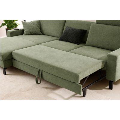 Ecksofa mit ausgezogener Liegefläche und sichtbarem Metallgestell