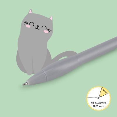 Grauer leuchtender Gelstift mit Katzenfigur, in Nahaufnahme mit Schreibspitze, Schaft und Tierfigur dargestellt.