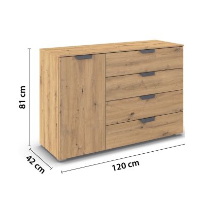 Kommode in Eiche Artisan mit vier Schubladen und einer Tür, dargestellt mit Maßangaben 120 cm Breite, 81 cm Höhe und 42 cm Tiefe