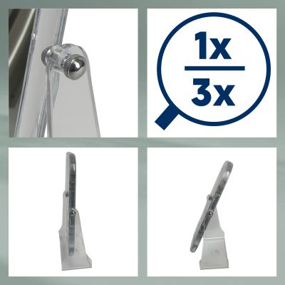 Collage mit Detailansichten von Kosmetikspiegel Halterung Standfuß und Vergrößerungsangabe 1x und 3x