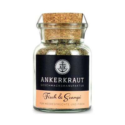 Fisch & Scampi von Ankerkraut in einem kleinen Korkenglas mit schwarzem Etikett und grünlich gesprenkelten Kräutern.
