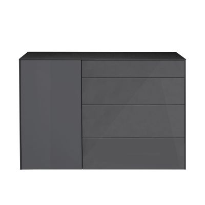 Schlichte Kommode in dunklem Anthrazit mit matter Oberfläche und geradlinigem Design, vier Schubladen und eine Tür