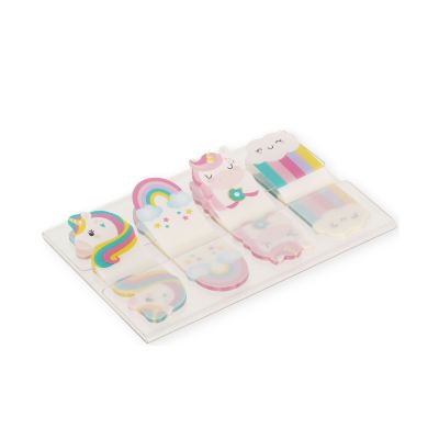 Selbstklebende Seitenmarker im Einhorn-Design, ausgepackt mit mehreren geordneten Motivmarkern gezeigt.