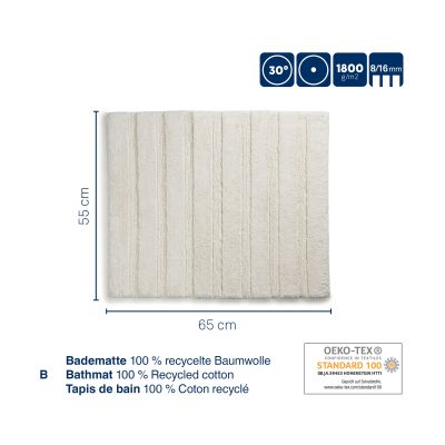 Technische Ansicht einer offwhitefarbenen Megan-Matte mit 55 × 65 cm und Angaben zu recycelter Baumwolle.