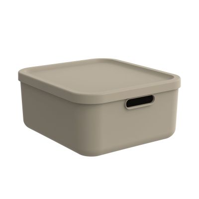 Rechteckige beige Aufbewahrungsbox aus Kunststoff mit passendem Deckel und Grifföffnung
