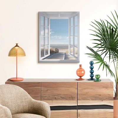 Das Wandbild „Northsea Window“ in Blau, 40 × 50 cm, hängt in einem eingerichteten Wohnraum und zeigt die Größenwirkung an der Wand.