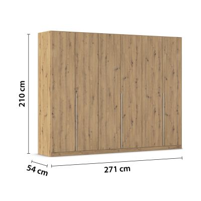 Kleiderschrank in Eiche Artisan mit Maßangaben 271 cm Breite, 210 cm Höhe und 54 cm Tiefe