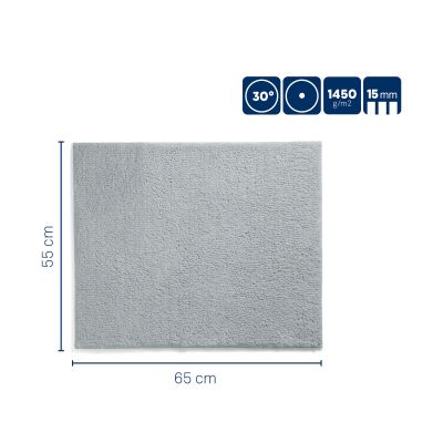 Technische Darstellung zur Maja-Variante Wolkenrosa mit 55 cm Breite und 65 cm Länge, 15 mm Höhe und Hinweis auf recyceltes Polyester.