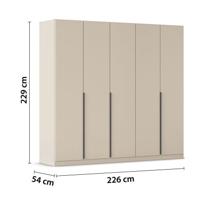 Champagnerfarbener 5-türiger Kleiderschrank mit Maßangaben Breite 226 cm, Höhe 229 cm und Tiefe 54 cm