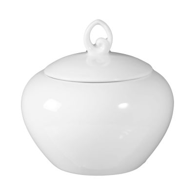 Zuckerdose in Weiß; runde bauchige Form mit Deckel und Ringgriff. Ansicht: Ansicht von vorn.