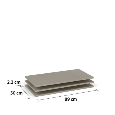Drei flache, rechteckige braune Platten liegen gestapelt aufeinander, daneben sind Maßangaben mit 2,2 cm Höhe, 50 cm Tiefe und 89 cm Breite angegeben