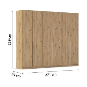Kleiderschrank in Eiche Artisan mit Maßangaben 271 cm Breite, 229 cm Höhe und 54 cm Tiefe