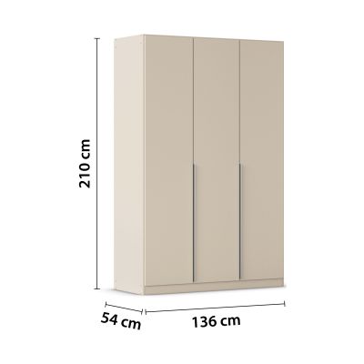 Champagnerfarbener Kleiderschrank mit eingezeichneten Maßen von 210 cm Höhe, 136 cm Breite und 54 cm Tiefe