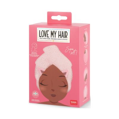Rosa Haarturban-Handtuch im Katzen-Design, in einer pinkfarbenen Kartonverpackung abgebildet.
