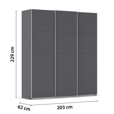 Grau-Metallicer Kleiderschrank mit eingezeichneten Maßen Höhe 229 cm Breite 203 cm und Tiefe 62 cm