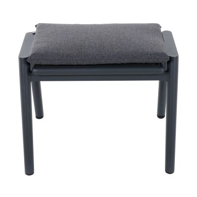 Dunkelgrauer Hocker mit Polsterauflage und stabilem Aluminiumgestell, frontal fotografiert