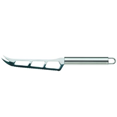 Silber glänzendes Käsemesser mit gezackter Klinge und schmalem Griff auf weißem Hintergrund