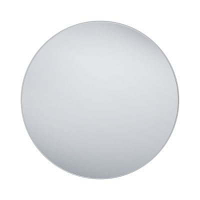 Spiegel Britta in Silber, freigestellt in einer zweiten Gesamtansicht; zu sehen ist die runde Spiegelfläche mit schmalem Rahmen; Maße ca. 80 x 80 x 2,8 cm.