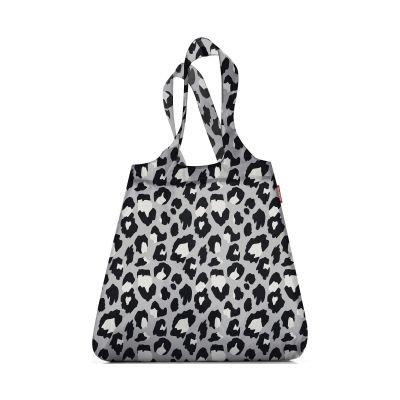 Faltbare Einkaufstasche von Reisenthel, Modell Mini Maxi Shopper, in Schwarz und Weiß mit Leopardenmuster, vollständig aufgefaltet mit zwei Tragegriffen.