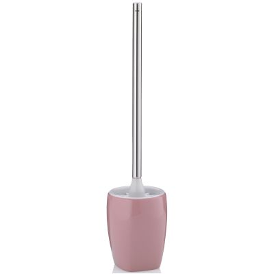 Toilettenbürste mit langem silberfarbenem Griff und rosa zylindrischem Bürstenhalter