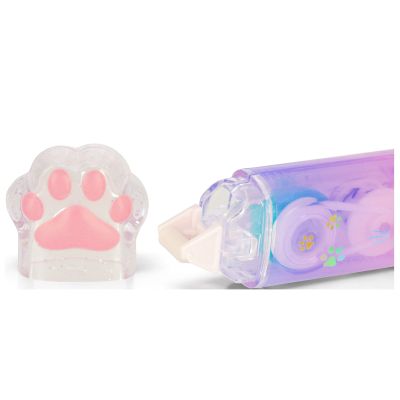 Transparenter Kleberoller im Katzen-Design, mit separat liegender Pfotenkappe und Roller gezeigt.